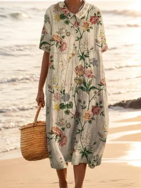 Akivide Women Summer Floral Print Cotton Linen Maxi Dress Short Sleeve Boho Collared Crewneck Flowy Beach Dress with Pocket