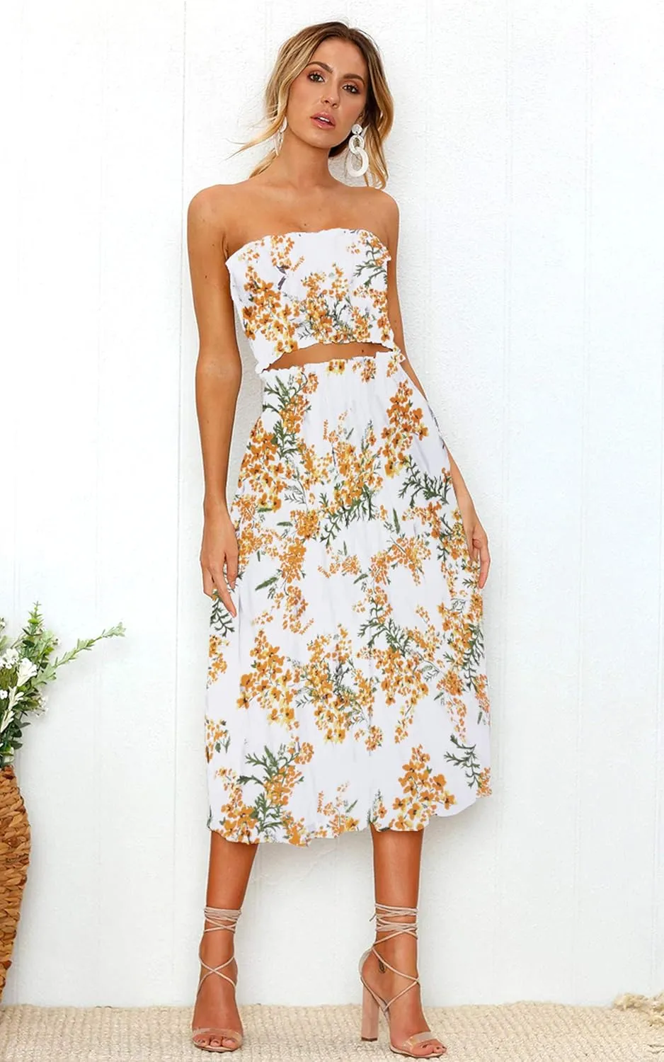Angashion Women's Floral Crop Top Maxi Skirts Set 2 Piece Outfit Dress