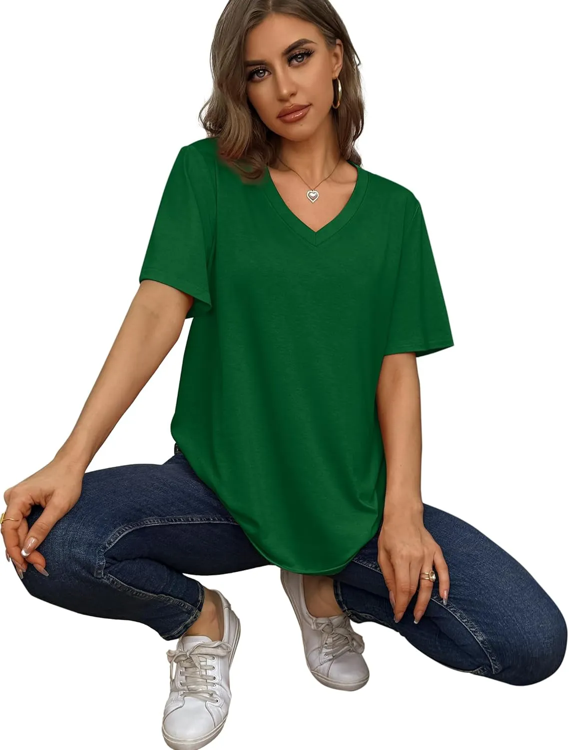 Aokosor Womens V Neck Short Sleeve T Shirts Summer Tops 2025 Casual Loose Tees Trending Now S-4XL