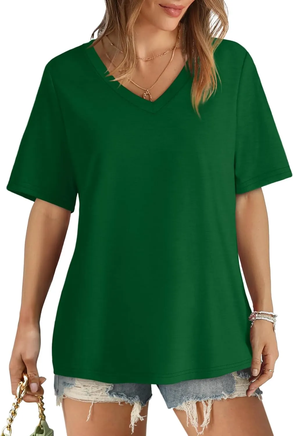 Aokosor Womens V Neck Short Sleeve T Shirts Summer Tops 2025 Casual Loose Tees Trending Now S-4XL