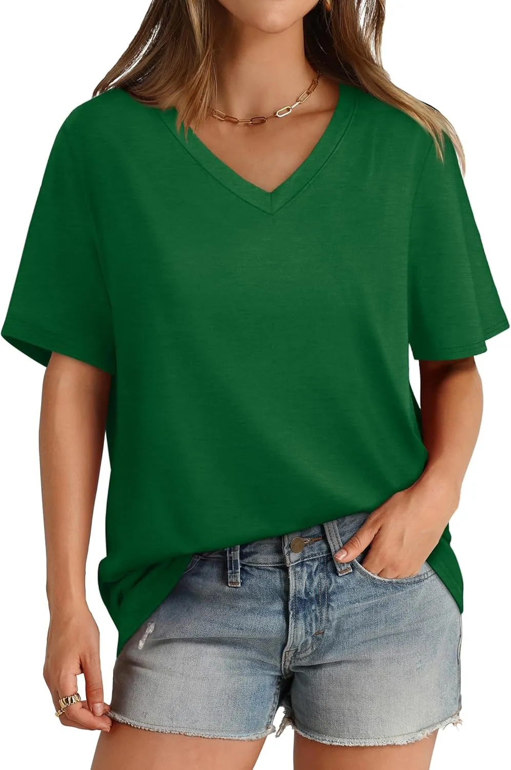 Aokosor Womens V Neck Short Sleeve T Shirts Summer Tops 2025 Casual Loose Tees Trending Now S-4XL