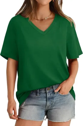Aokosor Womens V Neck Short Sleeve T Shirts Summer Tops 2025 Casual Loose Tees Trending Now S-4XL