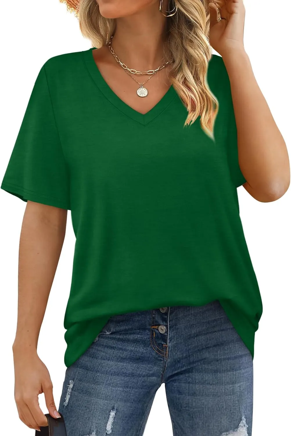 Aokosor Womens V Neck Short Sleeve T Shirts Summer Tops 2025 Casual Loose Tees Trending Now S-4XL