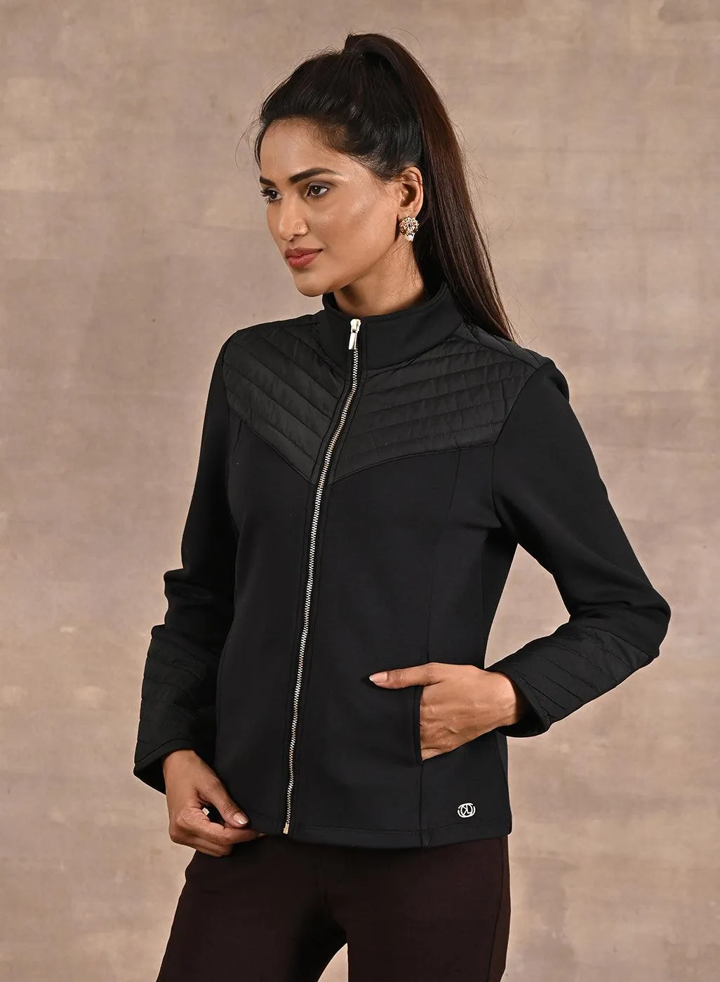 Black Long Sleeve Jacket with Quilting at Front and Sleeves
