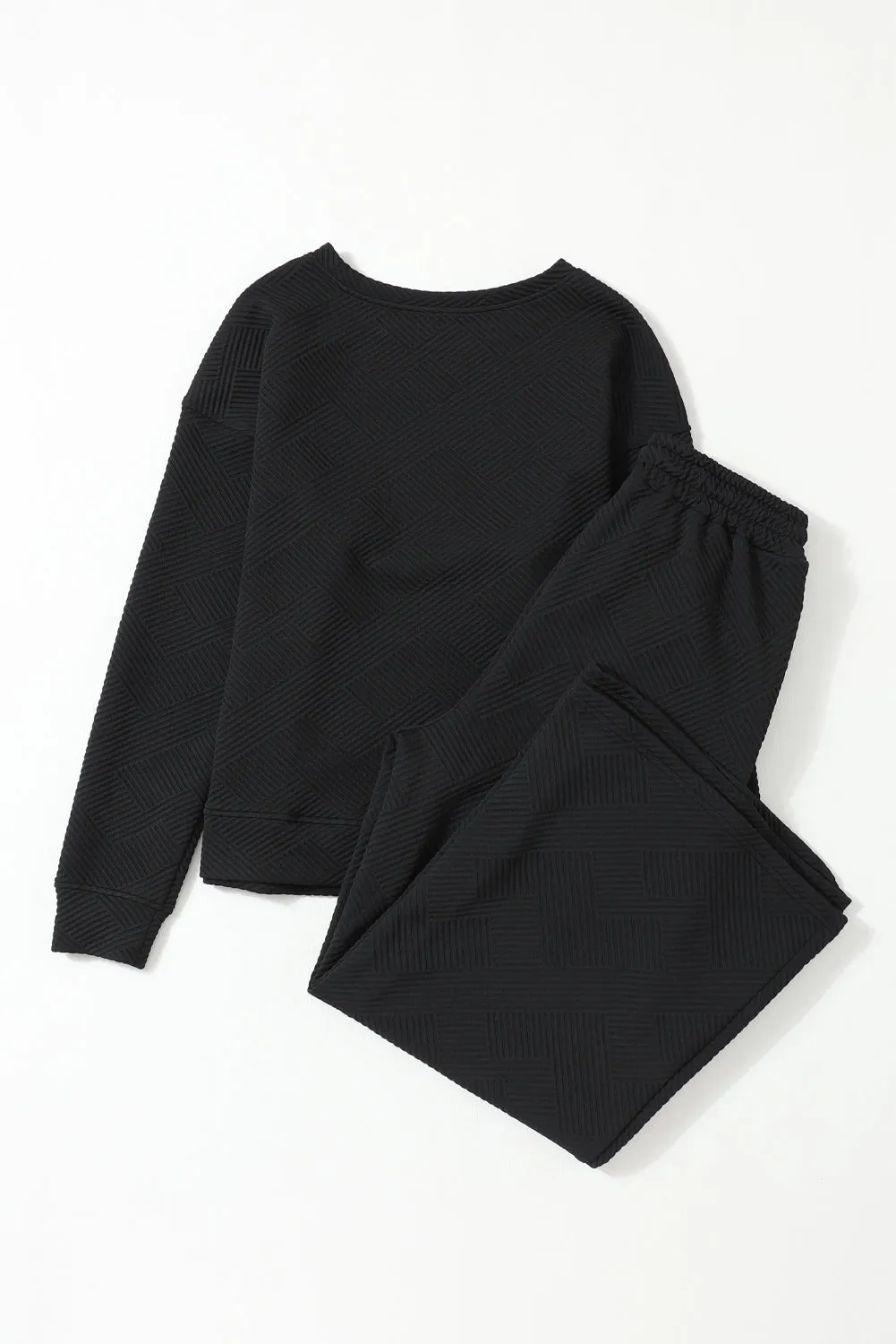 Black Textured Loose Slouchy Long Sleeve Top and Pants Set