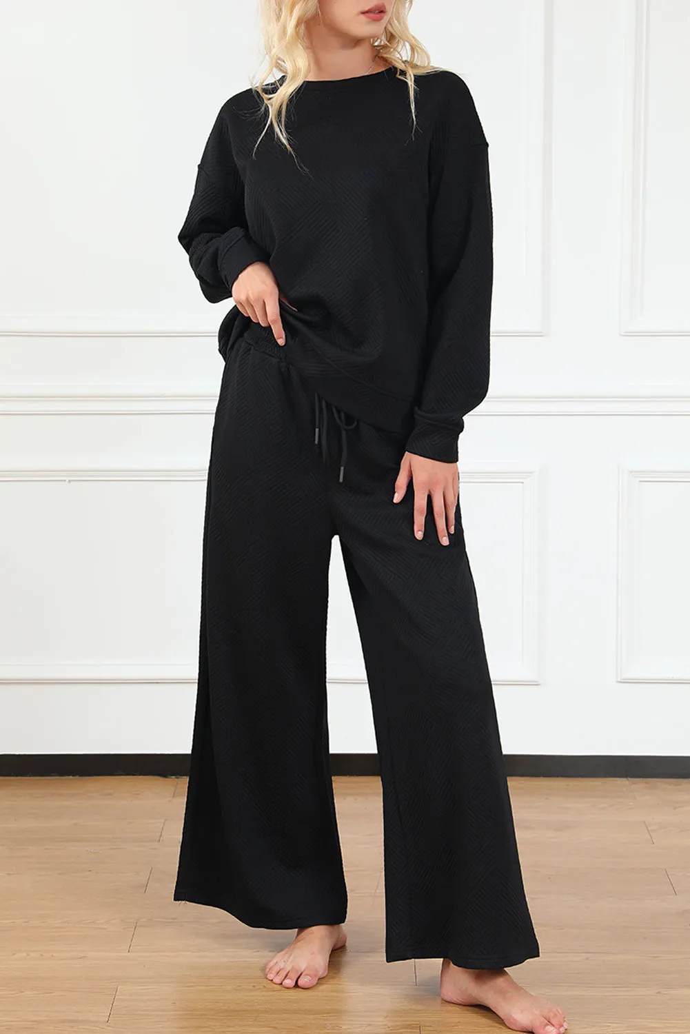 Black Textured Loose Slouchy Long Sleeve Top and Pants Set
