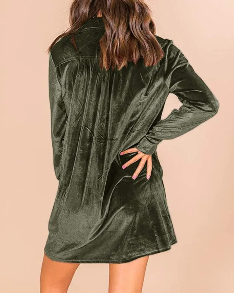 Caitefaso Womens Velvet Button Down T Shirts Swing Mini Dress Casual Long Sleeves Lapel Tunic Tops