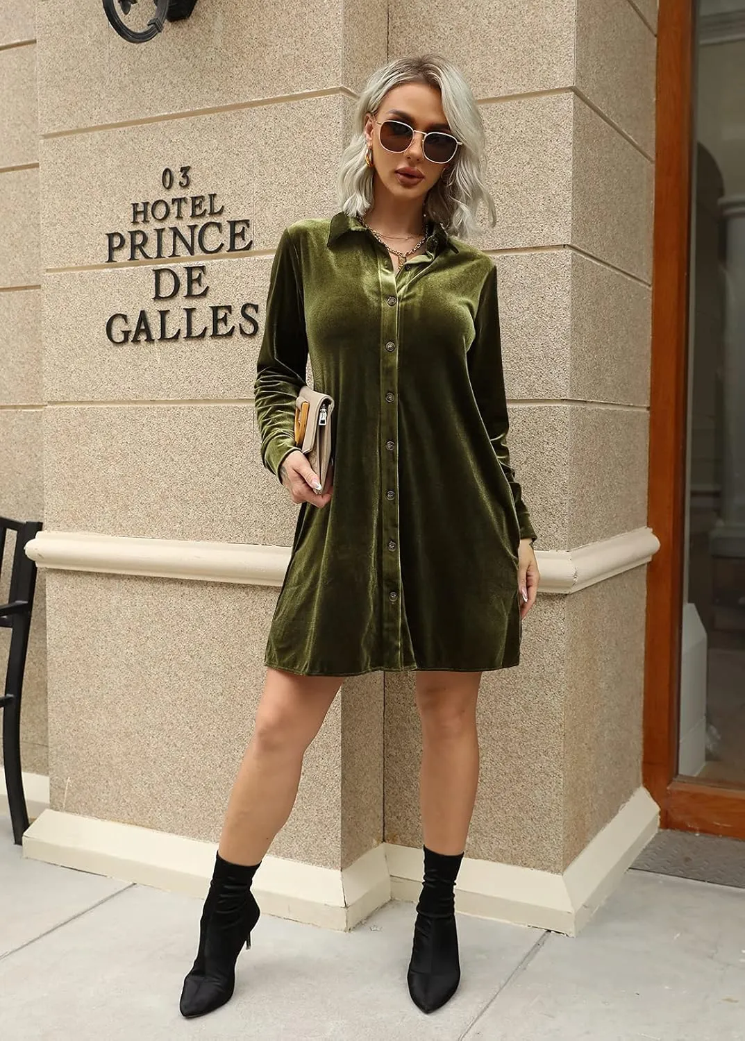 Caitefaso Womens Velvet Button Down T Shirts Swing Mini Dress Casual Long Sleeves Lapel Tunic Tops
