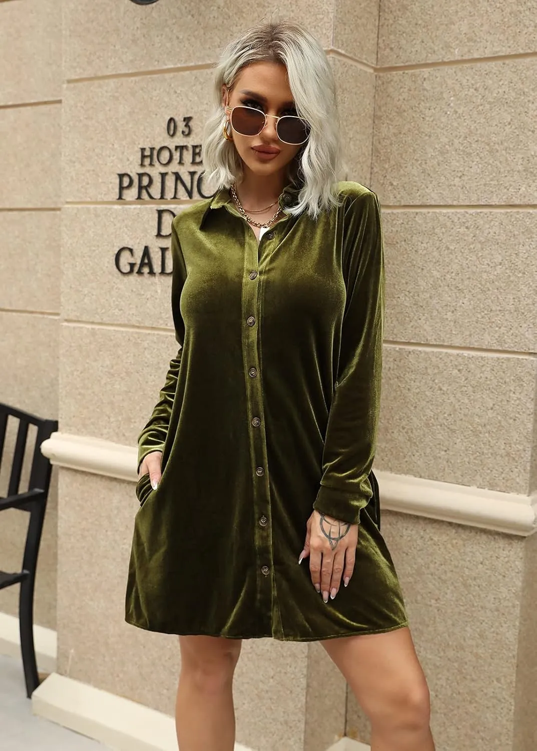 Caitefaso Womens Velvet Button Down T Shirts Swing Mini Dress Casual Long Sleeves Lapel Tunic Tops