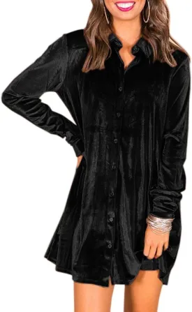 Caitefaso Womens Velvet Button Down T Shirts Swing Mini Dress Casual Long Sleeves Lapel Tunic Tops