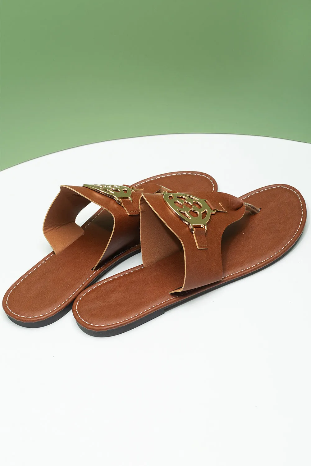 Chestnut Metal Decor Leather Thong Slippers