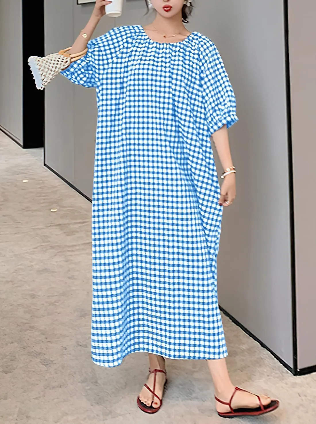 chouyatou Women's Casual Gingham Loose-Fit Swing Dress Cotton Lantern Puff Sleeve Plaid Midi Long Dress
