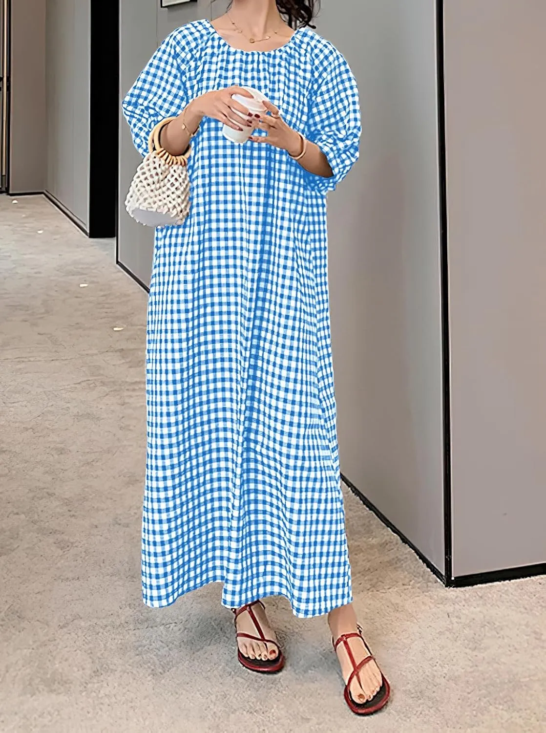chouyatou Women's Casual Gingham Loose-Fit Swing Dress Cotton Lantern Puff Sleeve Plaid Midi Long Dress