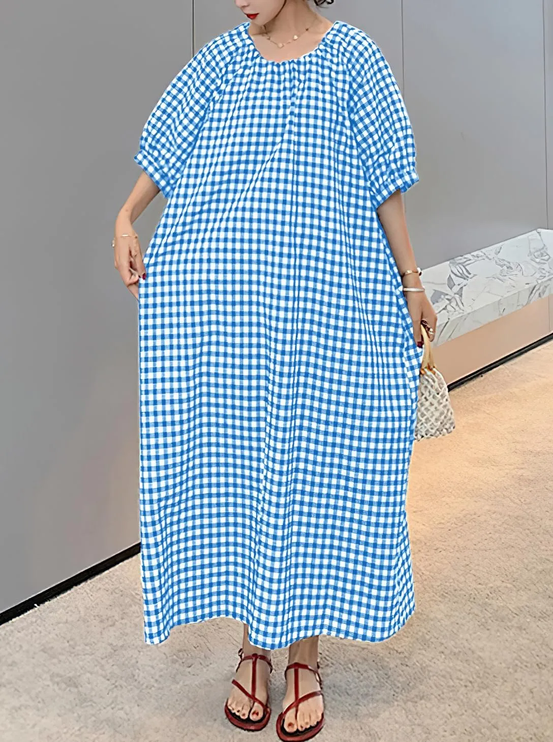 chouyatou Women's Casual Gingham Loose-Fit Swing Dress Cotton Lantern Puff Sleeve Plaid Midi Long Dress
