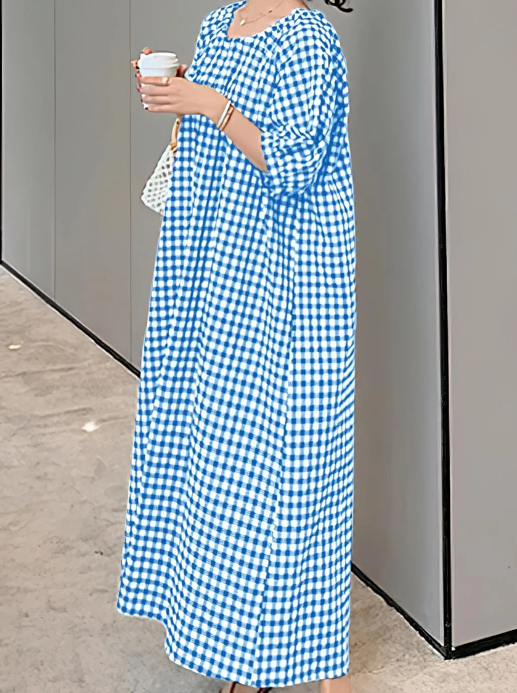 chouyatou Women's Casual Gingham Loose-Fit Swing Dress Cotton Lantern Puff Sleeve Plaid Midi Long Dress