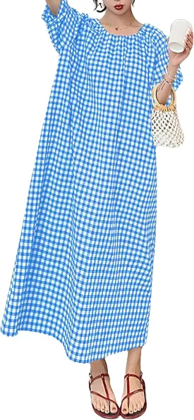 chouyatou Women's Casual Gingham Loose-Fit Swing Dress Cotton Lantern Puff Sleeve Plaid Midi Long Dress