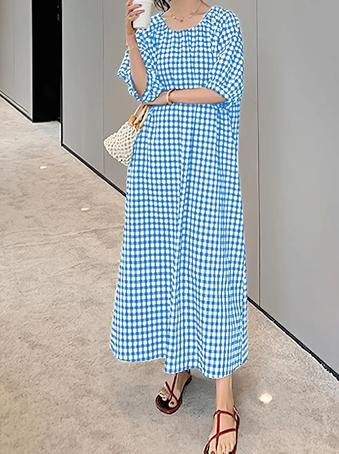 chouyatou Women's Casual Gingham Loose-Fit Swing Dress Cotton Lantern Puff Sleeve Plaid Midi Long Dress