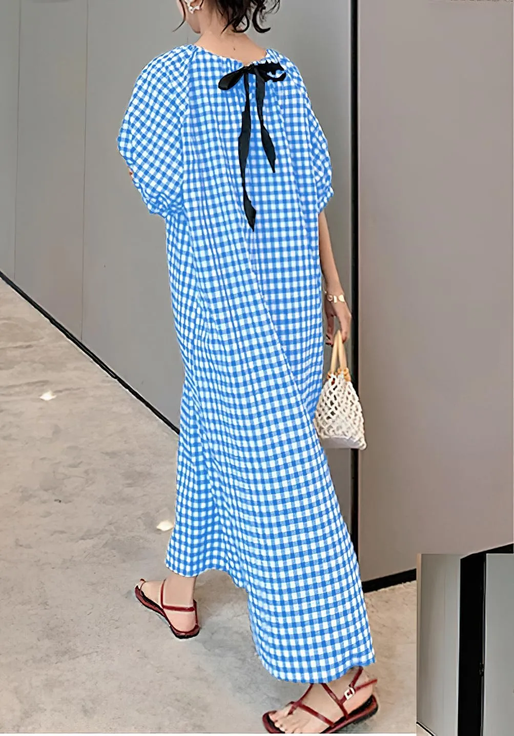 chouyatou Women's Casual Gingham Loose-Fit Swing Dress Cotton Lantern Puff Sleeve Plaid Midi Long Dress