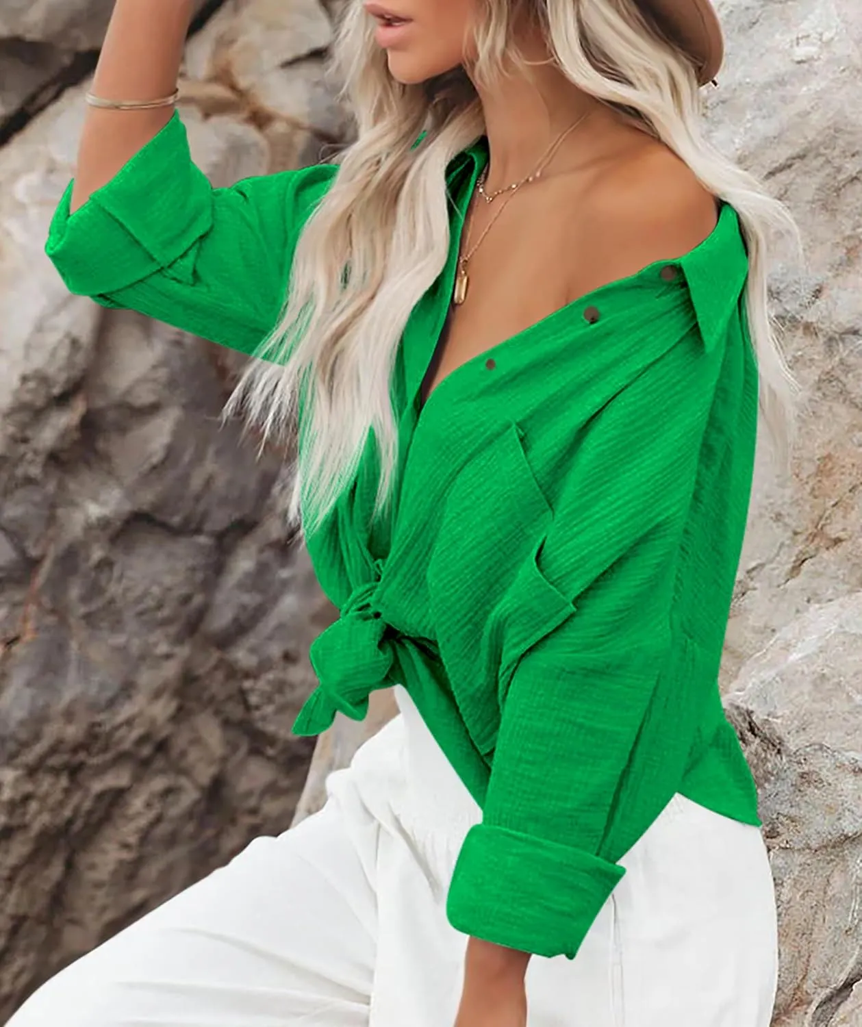 Diosun Womens Casual Button Down Shirts V Neck Long Sleeve Cotton Loose Fit Plain Work Blouse Tops with Pocket