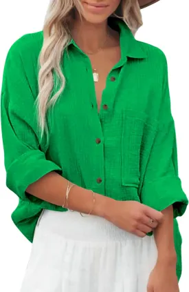 Diosun Womens Casual Button Down Shirts V Neck Long Sleeve Cotton Loose Fit Plain Work Blouse Tops with Pocket