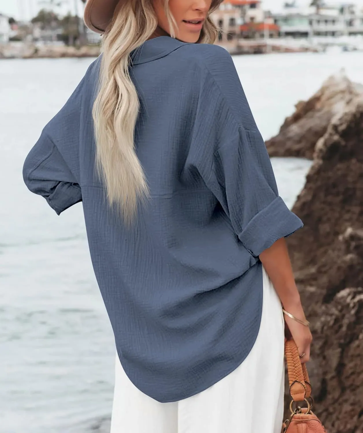 Diosun Womens Casual Button Down Shirts V Neck Long Sleeve Cotton Loose Fit Plain Work Blouse Tops with Pocket