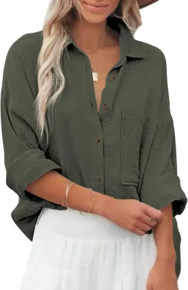 Diosun Womens Casual Button Down Shirts V Neck Long Sleeve Cotton Loose Fit Plain Work Blouse Tops with Pocket