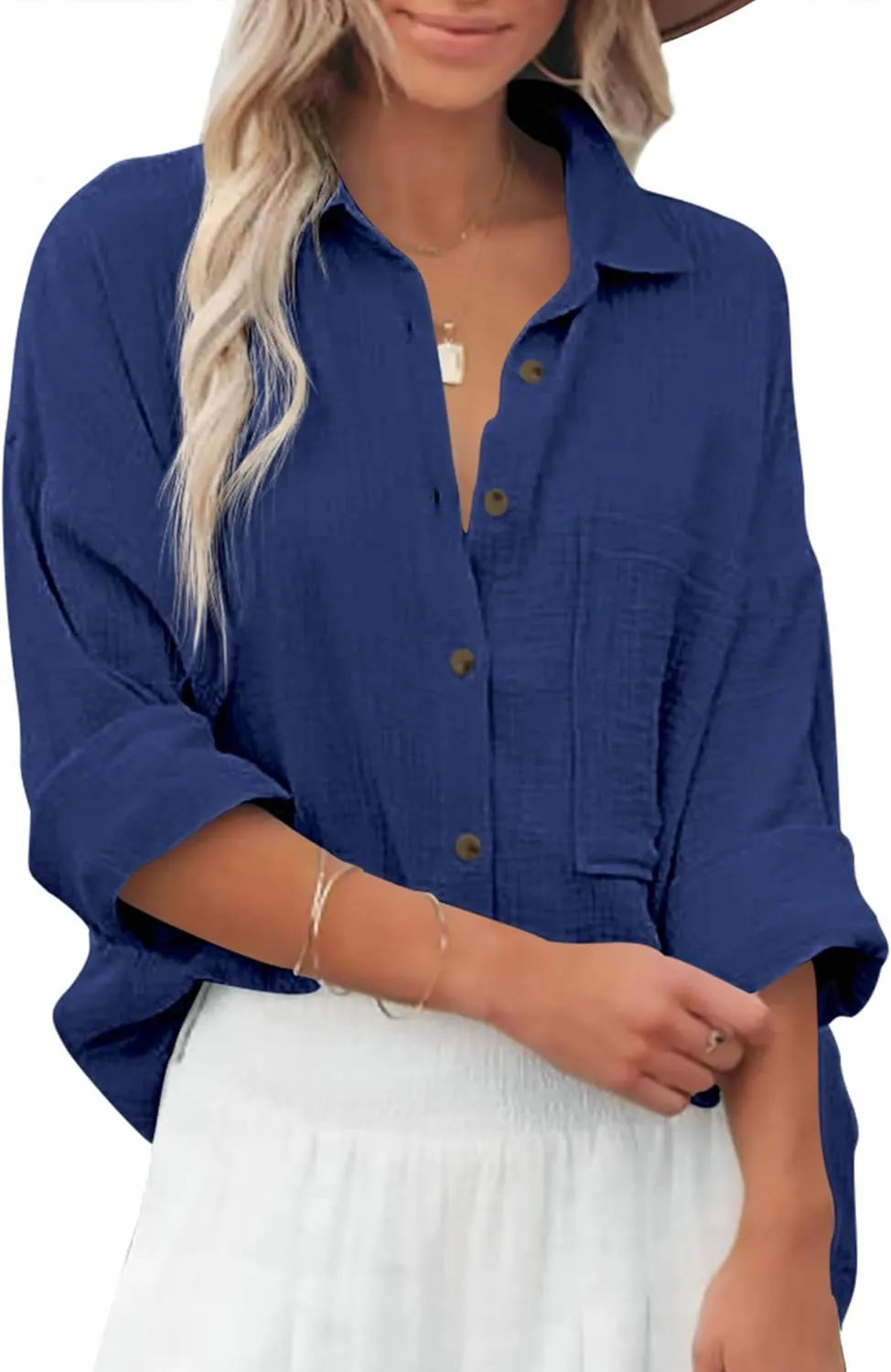Diosun Womens Casual Button Down Shirts V Neck Long Sleeve Cotton Loose Fit Plain Work Blouse Tops with Pocket