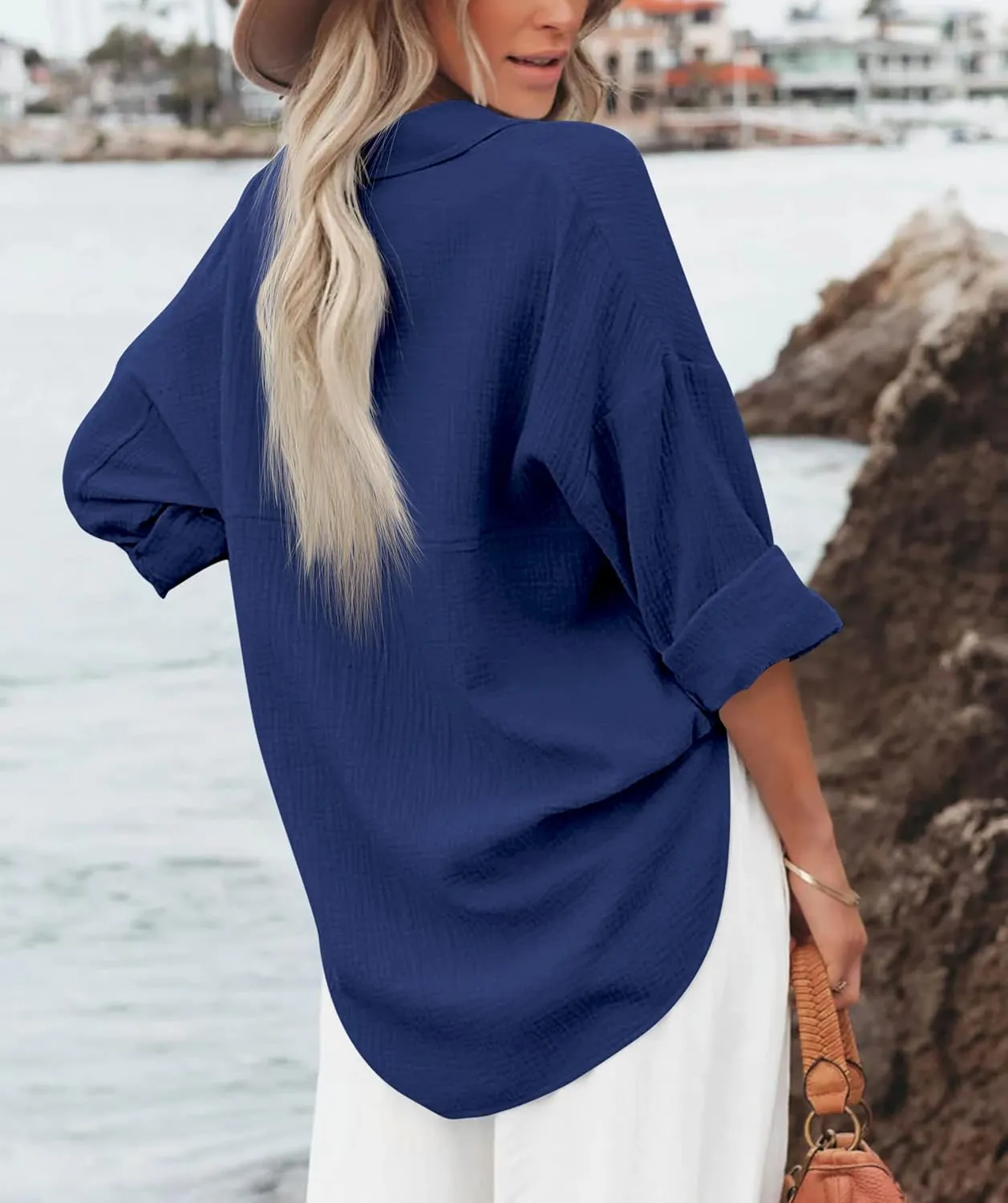 Diosun Womens Casual Button Down Shirts V Neck Long Sleeve Cotton Loose Fit Plain Work Blouse Tops with Pocket