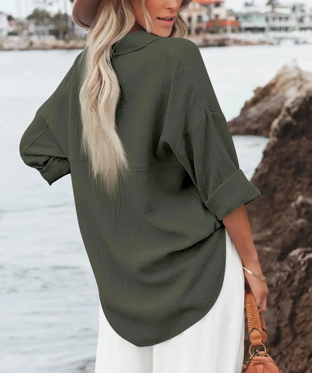 Diosun Womens Casual Button Down Shirts V Neck Long Sleeve Cotton Loose Fit Plain Work Blouse Tops with Pocket