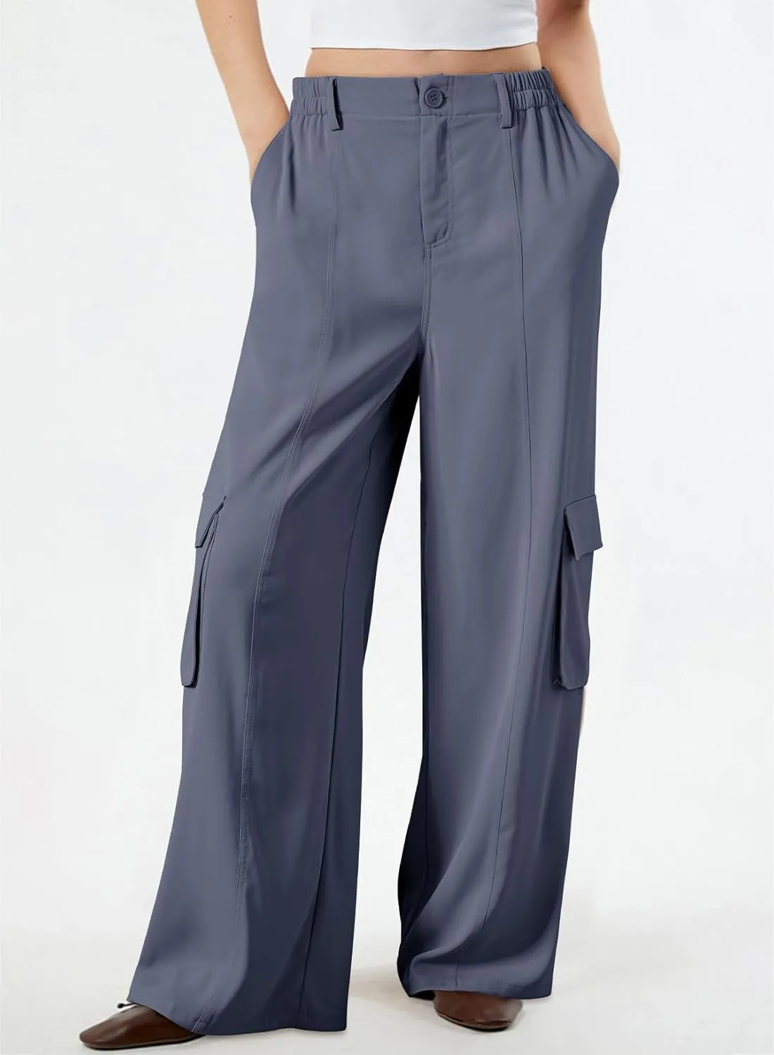 Dokotoo Women's Wide Leg Pants 2024 Flowy Casual Trendy Pants Straight Leg High Waist Stretch Palazzo Pants with 4 Pockets