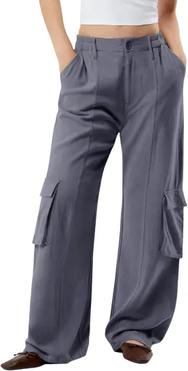 Dokotoo Women's Wide Leg Pants 2024 Flowy Casual Trendy Pants Straight Leg High Waist Stretch Palazzo Pants with 4 Pockets