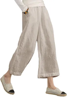 ECUPPER Womens Linen Cropped Pants Loose Casual Capri Cotton Wide Leg Plus Size Elastic Waist with Drawstring Trouses