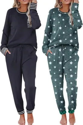Ekouaer 2 Pack Womens Pajama Sets Long Sleeve Lounge Sets Soft Pj Sleepwear Loungewear