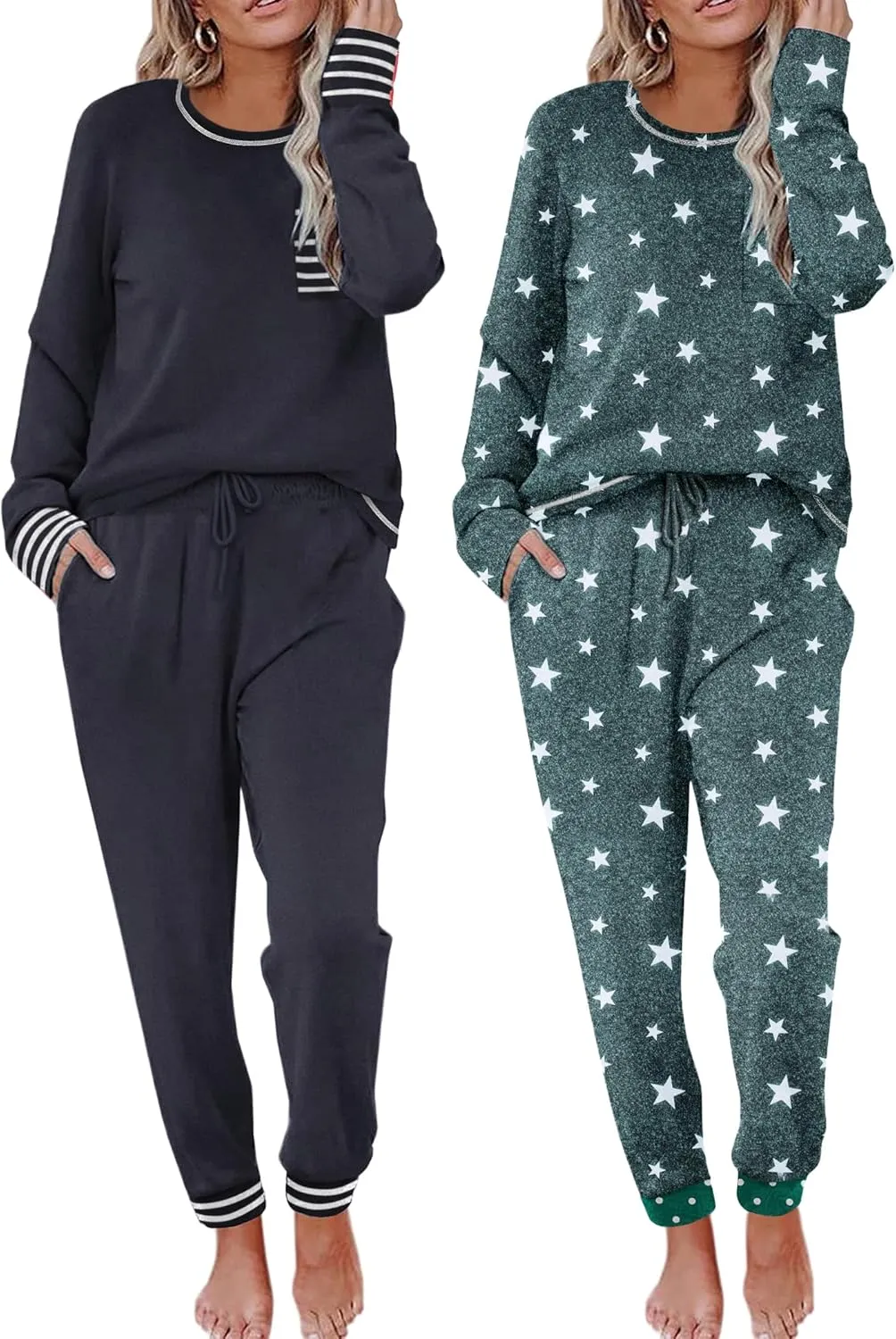 Ekouaer 2 Pack Womens Pajama Sets Long Sleeve Lounge Sets Soft Pj Sleepwear Loungewear