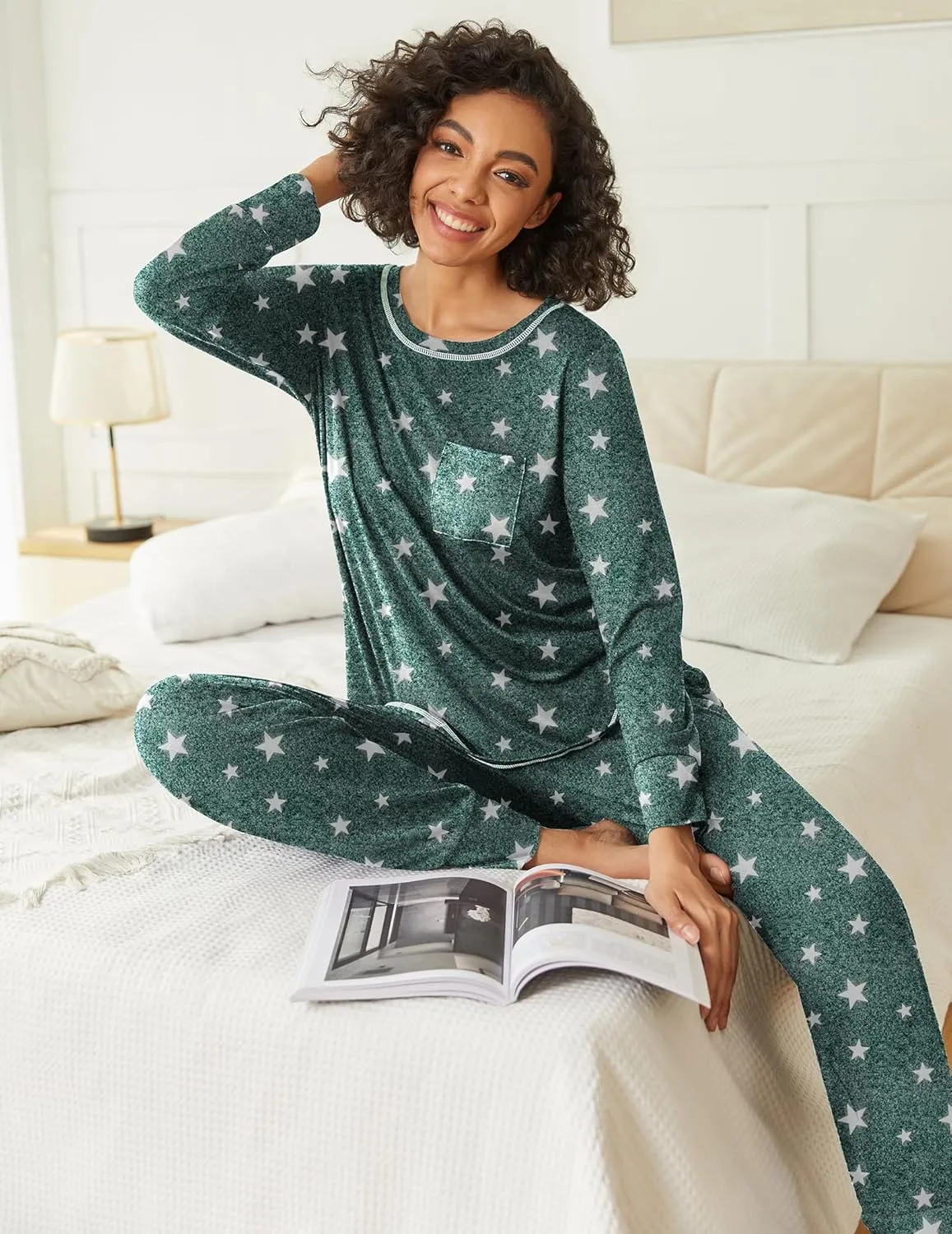 Ekouaer 2 Pack Womens Pajama Sets Long Sleeve Lounge Sets Soft Pj Sleepwear Loungewear