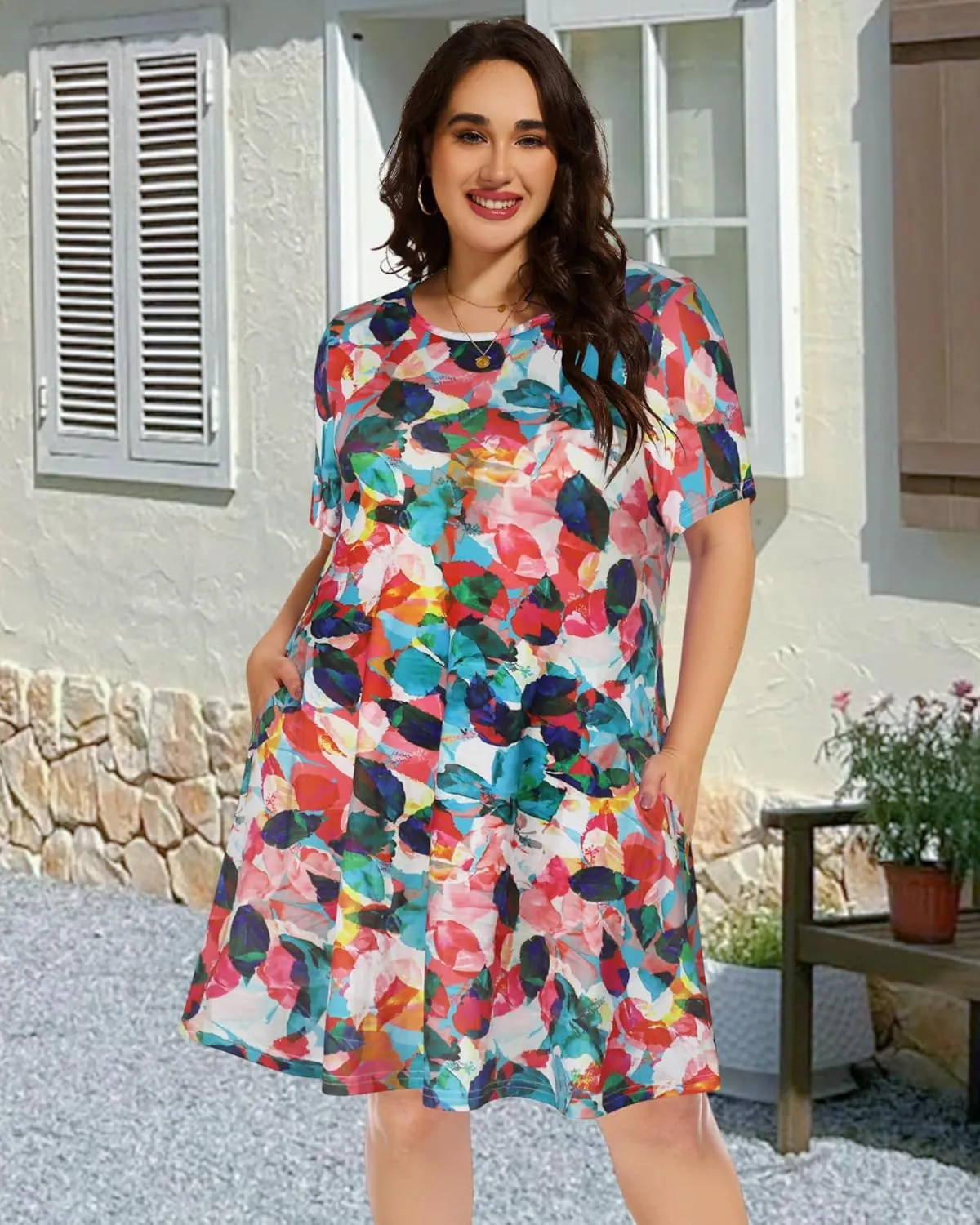 elescat Plus Size Summer Dresses for Women Casual Short Sleeve Pockets Loose Oversized T Shirt Sundress