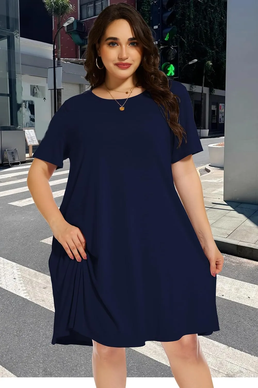 elescat Plus Size Summer Dresses for Women Casual Short Sleeve Pockets Loose Oversized T Shirt Sundress