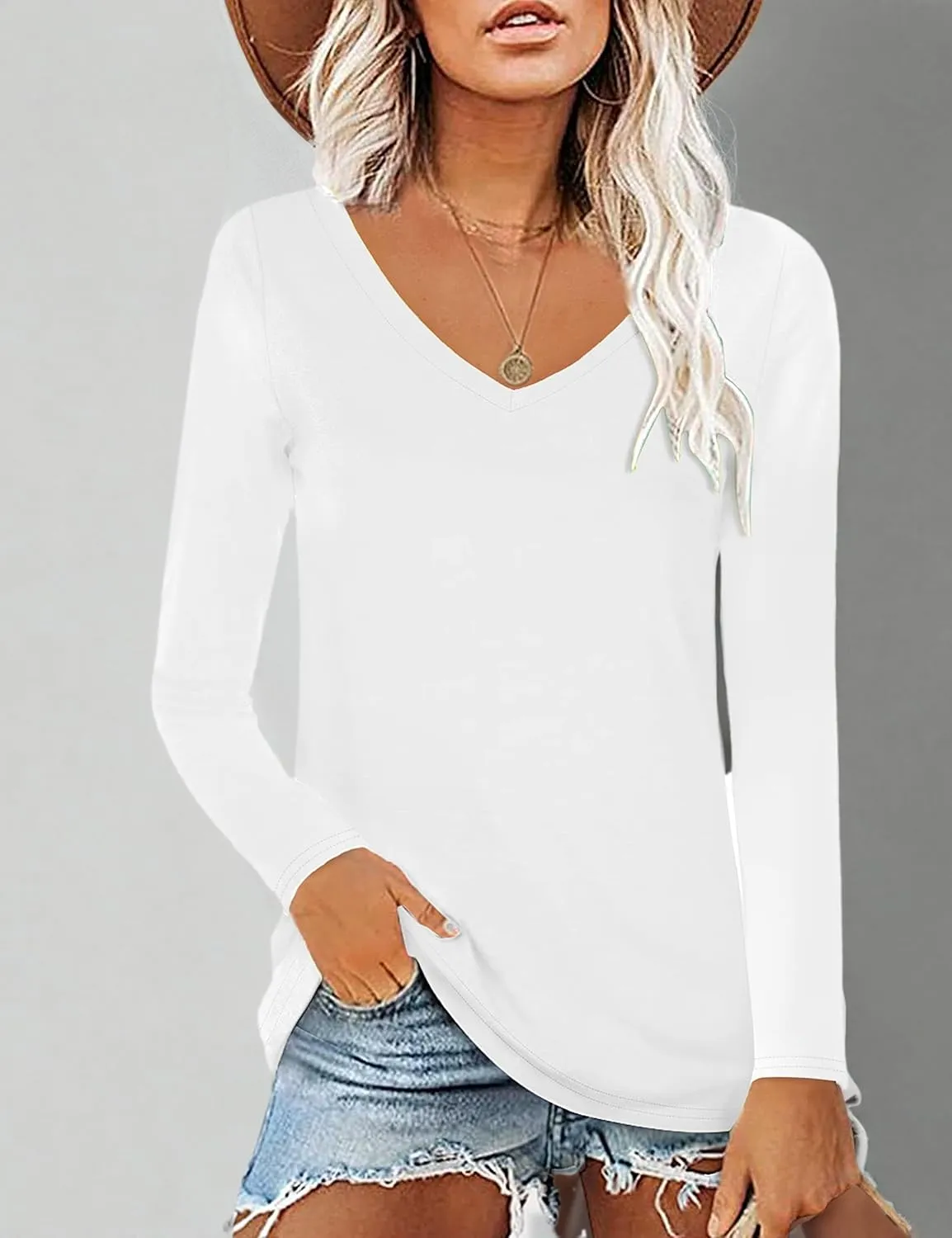 Elesomo Womens T Shirts V Neck Summer Short/Long Sleeve Cotton Tops Tees