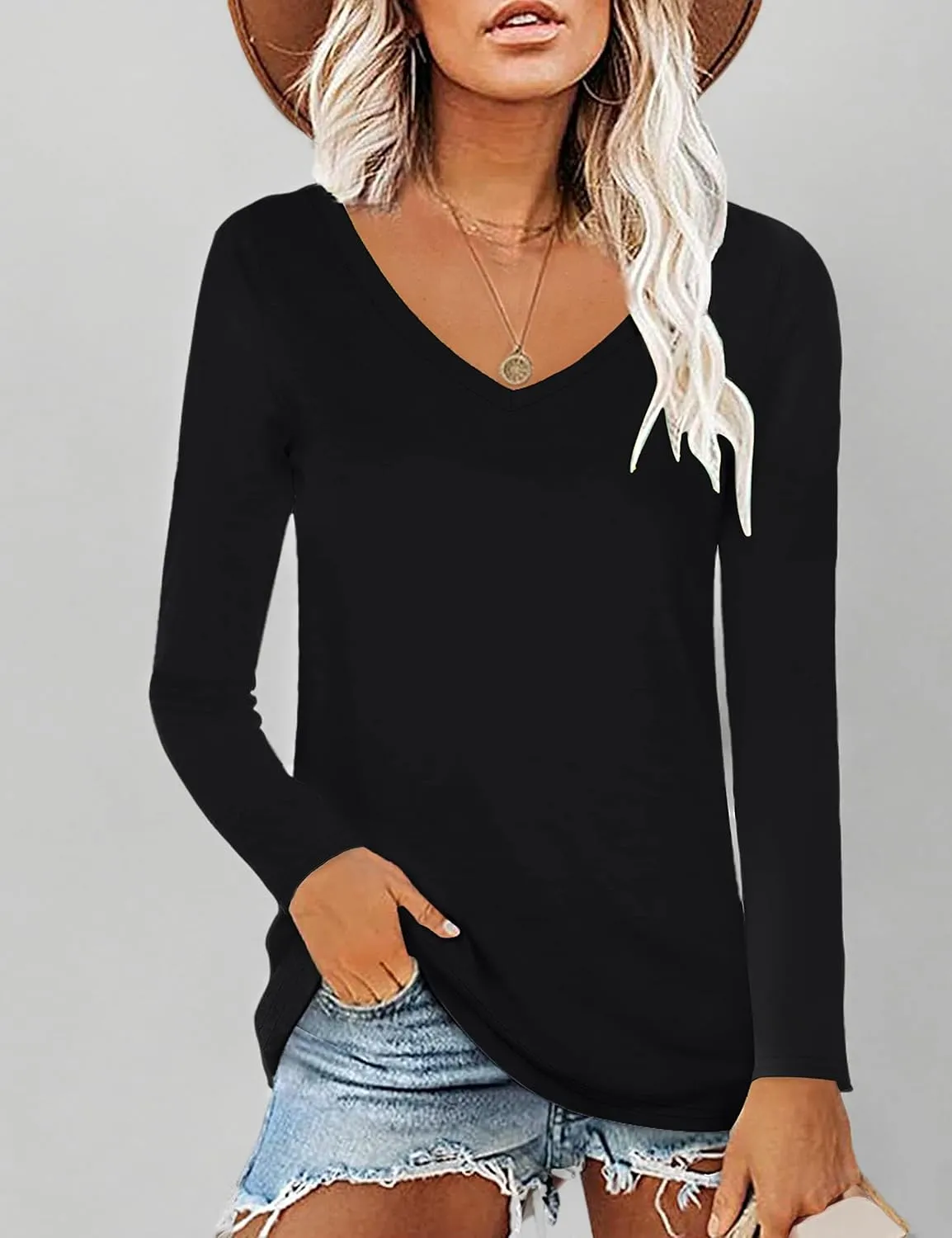 Elesomo Womens T Shirts V Neck Summer Short/Long Sleeve Cotton Tops Tees