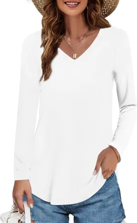 Elesomo Womens T Shirts V Neck Summer Short/Long Sleeve Cotton Tops Tees