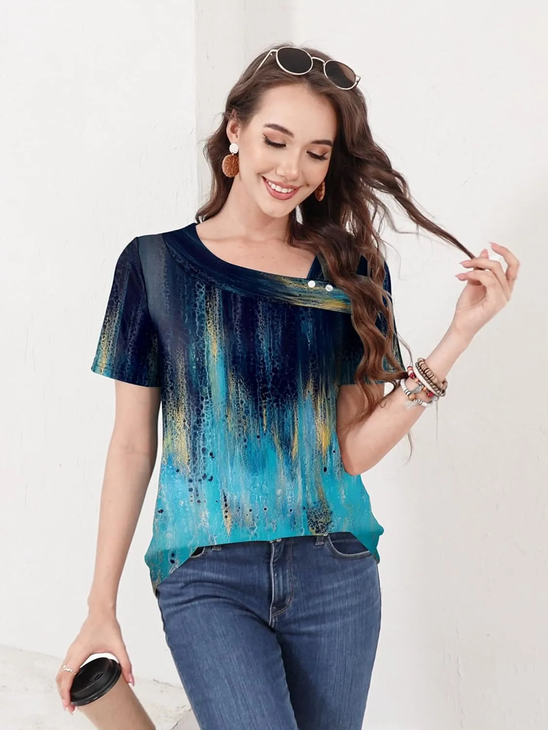 ETCYY Short Sleeve Tops for Women Trendy Summer Top 2025 Spring Shirts Square Neck Loose Tunic Dressy Casual Blouses