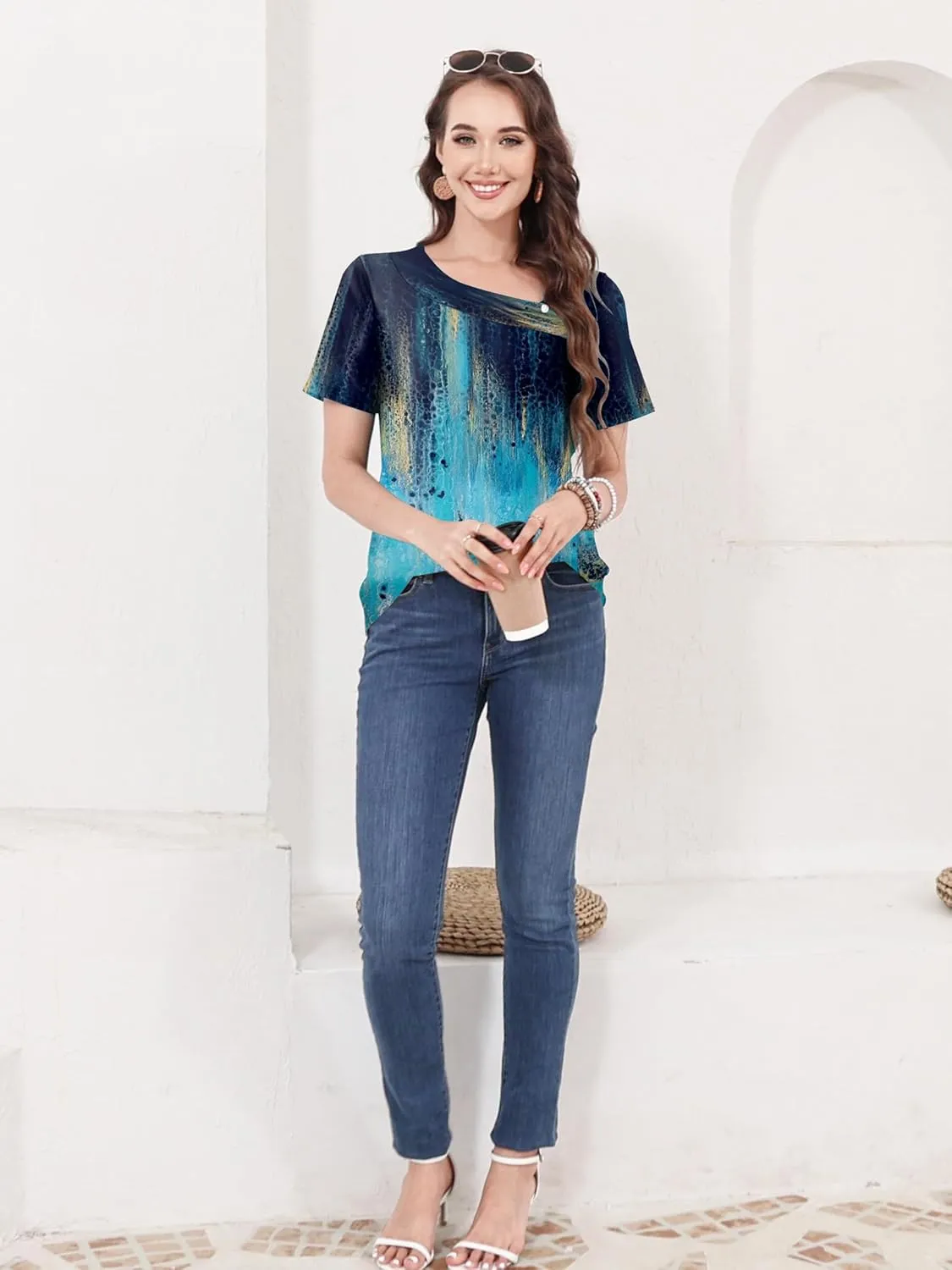 ETCYY Short Sleeve Tops for Women Trendy Summer Top 2025 Spring Shirts Square Neck Loose Tunic Dressy Casual Blouses