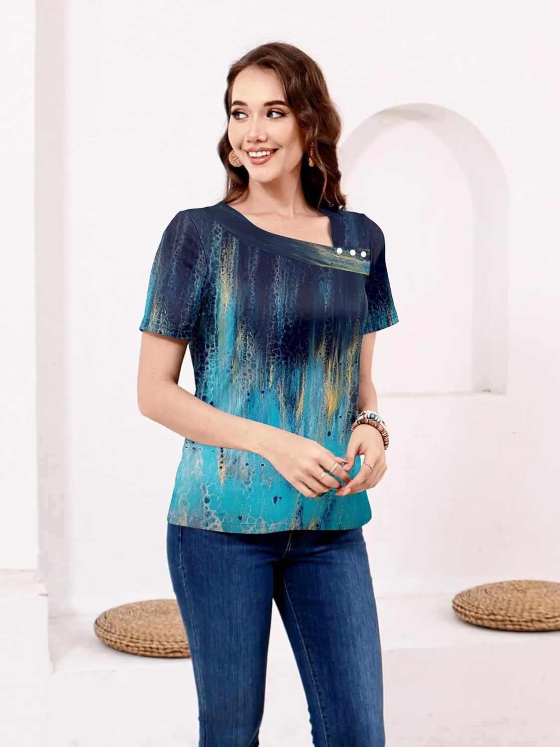 ETCYY Short Sleeve Tops for Women Trendy Summer Top 2025 Spring Shirts Square Neck Loose Tunic Dressy Casual Blouses