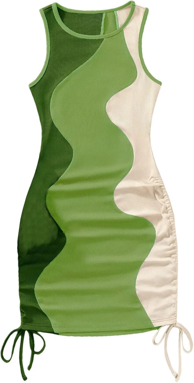 GORGLITTER Summer Dresses for Women 2024 Ruched Bodycon Dress Tie Dye Mini Dress Ribbed Knit Sleeveless Short Dresses