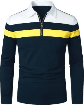 HOOD CREW Mens Long Sleeve Polo Shirt Casual Slim Fit Shirts Contrast Color Patchwork T Shirts Cotton Tops
