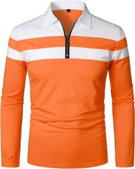 HOOD CREW Mens Long Sleeve Polo Shirt Casual Slim Fit Shirts Contrast Color Patchwork T Shirts Cotton Tops