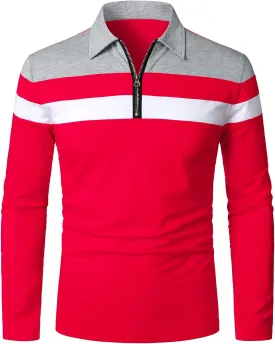 HOOD CREW Mens Long Sleeve Polo Shirt Casual Slim Fit Shirts Contrast Color Patchwork T Shirts Cotton Tops