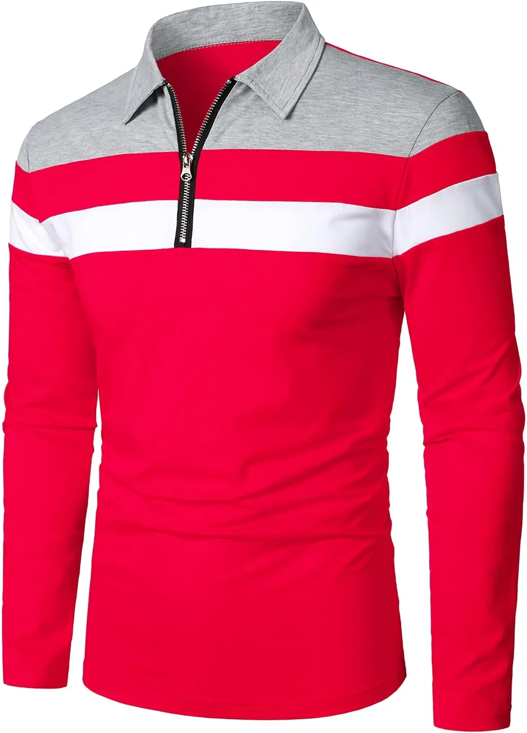 HOOD CREW Mens Long Sleeve Polo Shirt Casual Slim Fit Shirts Contrast Color Patchwork T Shirts Cotton Tops