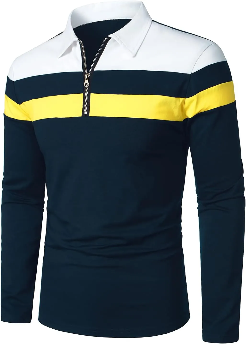 HOOD CREW Mens Long Sleeve Polo Shirt Casual Slim Fit Shirts Contrast Color Patchwork T Shirts Cotton Tops