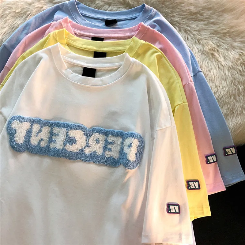 Jew4room Flocking Embroidered Loose Short Sleeve T-Shirt